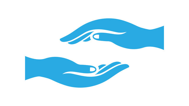 Two cupped hands facing each other are depicted in a flat blue vector illustration palms