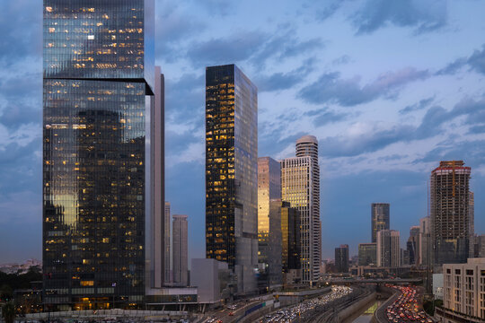 Israel, Tel Aviv financial business district skyline with shopping malls and high tech offices