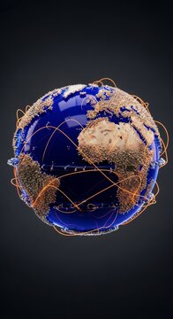 Swirling deep blue ferrofluid globe features metallic beige landmasses and vibrant orange glowing energy lines pulsing across the surface, blue, swirling, concept