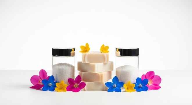 Symmetrical luxury arrangement featuring stacked square soaps, a sleek salt jar, and minimalist flowers against a bright white background, natural, vertical, background
