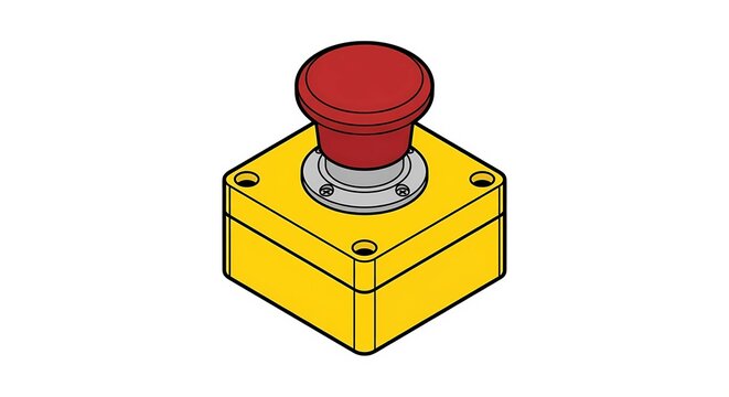 Industrial emergency stop push button with yellow enclosure isolated on white background. Safety machinery control component vector illustration