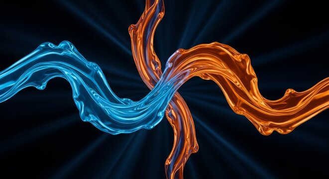 Swirling streams of electric blue and tangerine fluid merge gracefully over a dark satin canvas, forming a dynamic contemporary abstract art, modern, mixing, composition