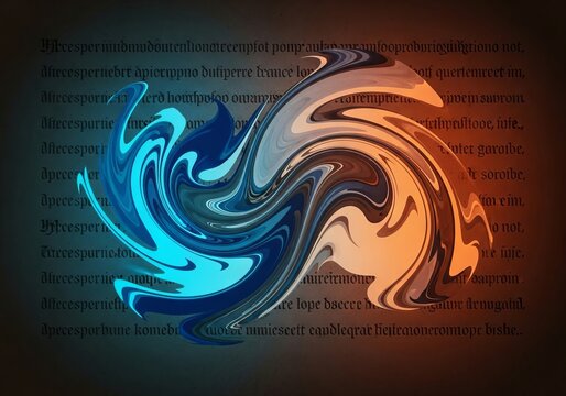 Swirling cerulean and sienna watercolor shapes blend on dark parchment. Faint medieval script accents the modern expressive fluid design, manuscript, pattern, decorative