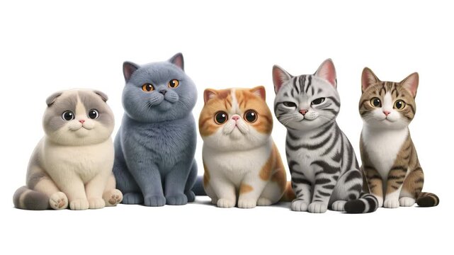 Cute animated 3D cartoon group of various domestic cat breeds sitting together isolated on a white background. Ideal for pet shop commercials, veterinary clinic ads, cat food promo videos, children ed