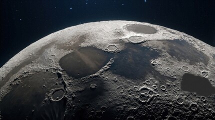 Fototapeta premium Close up view of lunar surface with many craters, dark plains. Moon orbits earth in dark space with distant stars. Detailed moon texture shows rocky terrain, grey mountains. Astronomy concept for