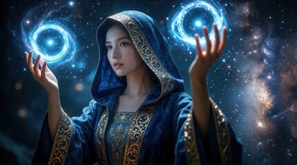 Fototapeta premium Young woman in blue hooded robe holds glowing magic energy circles in hands. Mystic female mage controls cosmic light, spiritual aura in space. Fantasy sorceress practices meditation with celestial