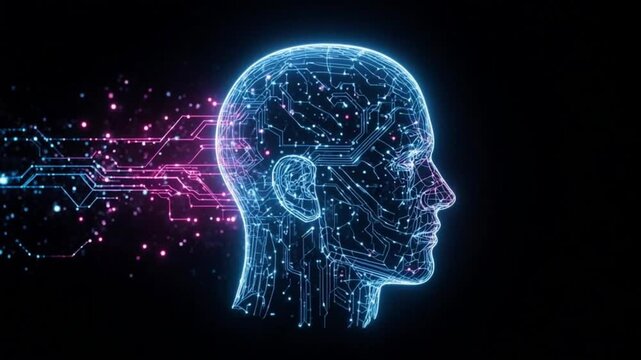A human head silhouette contains bright neon circuits with connecting lines, representing the concept of artificial intelligence and data processing