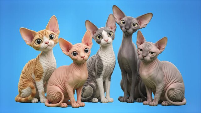 A group of unique hairless and short-haired cat breeds including Sphynx, Cornish Rex, and Devon Rex sitting together on a studio blue background. Excellent for exotic pet advertising, cat food commerc