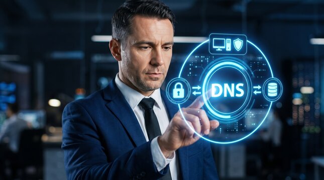 Professional businessman touching futuristic dns hologram screen interface technology