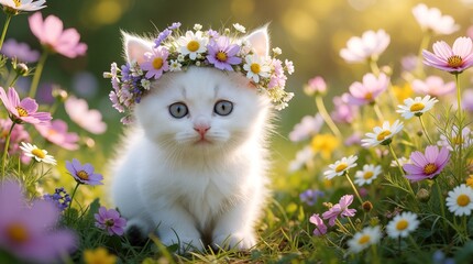Fototapeta premium Cute white kitten wearing colorful flower crown sits in spring garden. Small baby cat looks at camera among blooming cosmos flowers, green grass. Adorable pet enjoys sunny day in nature meadow with