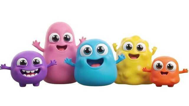 Cheerful 3D cartoon colorful blob slime monsters waving hands happily isolated on a white background. Suitable for mobile gaming ads, children educational apps, playful animations, brand mascots, and 