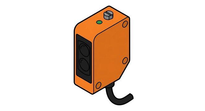 Industrial photoelectric sensor with orange rectangular enclosure and cable isolated on white background. Compact optical object detection sensor component vector illustration