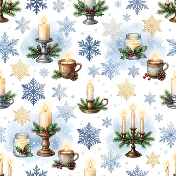 Watercolor winter seamless pattern with candles in candlesticks and snowflakes