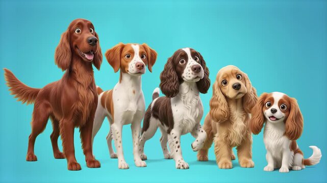 Detailed realistic 3D rendering of various hunting dog breeds including spaniels and setters standing together isolated on a light blue background. Great for pet shop commercials, veterinary clinic ad