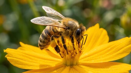 Honey bee collecting nectar and pollen on a bright yellow cosmos © Tasmiya
