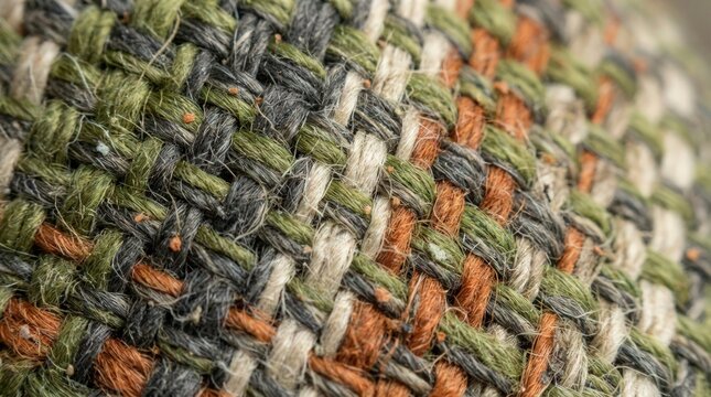 Macro close up of woven recycled fabric texture with green brown and