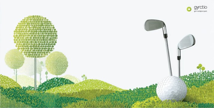 Golf clubs and ball on a stylized green golf course with circular trees recreation illustration landscape equipment minimalist environment grassland background exercise activity