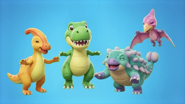 3D animated cute cartoon dinosaurs group including green T-Rex, Ankylosaurus, and Pterodactyl standing and cheering over a studio blue screen background. Perfect for kids educational channels, prehist