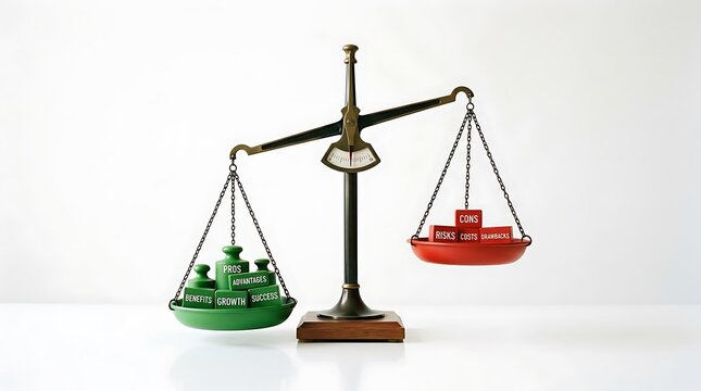 Conceptual image of a balance scale weighing pros and cons isolated on white background