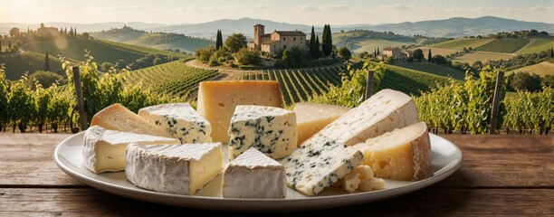 Naklejka premium Assorted cheese platter sits on wooden table with vineyard view. Various gourmet cheese pieces on white plate in sunny countryside. Beautiful hills, grape plantation in background. Delicious food