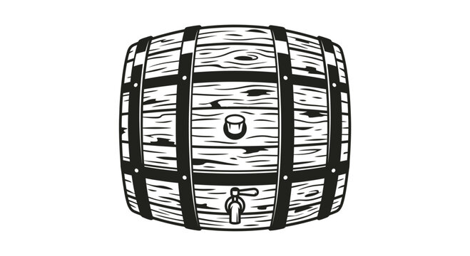 Vintage wooden barrel with metal hoops and spigot.
