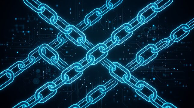 Abstract digital blockchain technology background with glowing blue chain links and binary code data stream