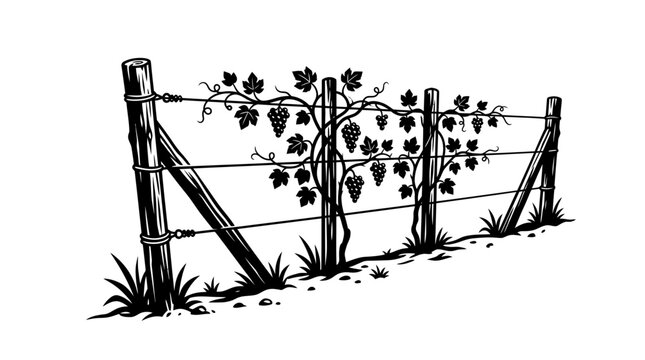 Black and white ink illustration of a vineyard trellis with grape vines.