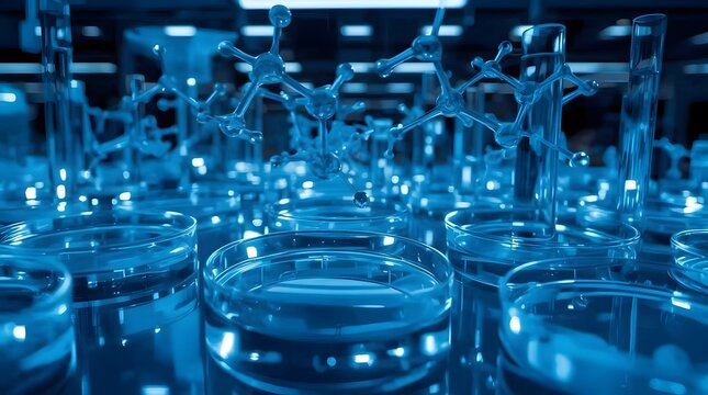 Scientific Composition Featuring Molecular Models in Blue Light