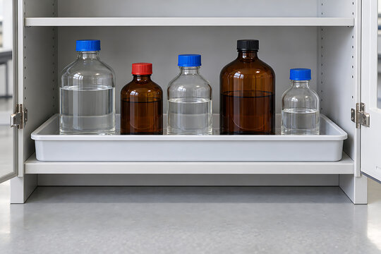 Laboratory reagent bottles stored in a spill containment tray