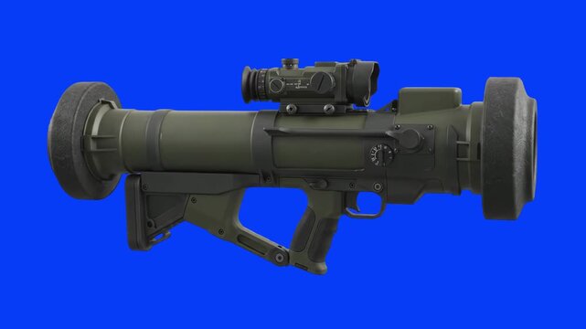 Detailed close up of a modern Carl Gustaf M4 recoilless rifle with optical sight isolated on a chroma key blue screen background. Perfect for military action films, tactical simulation games, defense 