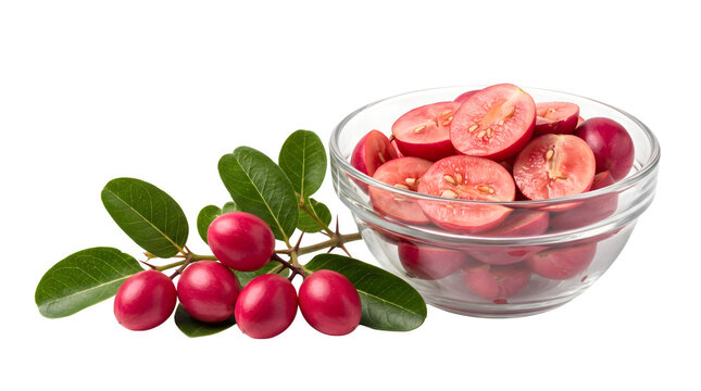 Fresh karonda berries with green leaves and sliced fruit in a glass bowl isolated on transparent background