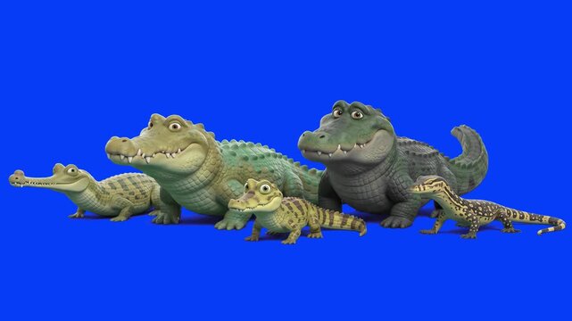 Friendly 3D animated alligator and crocodile character family with cute baby crocs smiling over a studio blue screen background. Great for kids cartoon shows, fun animal learning videos for children, 