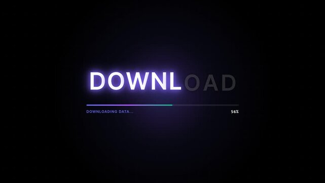 Download Progress Bar Animation from 0 to 100 Percent with Neon DOWNLOAD Text on Black Background, Glowing Loading Indicator, File Download Status