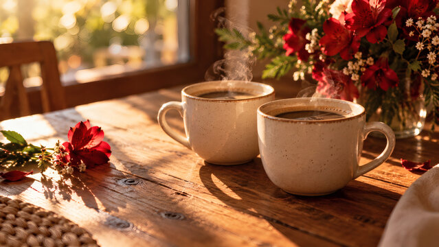Morning Serenity: Two steaming cups of coffee sit on a rustic wooden table, bathed in the warm, soft light of a sunlit morning, accompanied by a bouquet of red flowers and a single red rose.