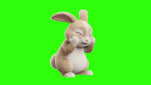 3D animated cute bunny rabbit character holding its paws to cheeks and laughing happily over a chroma key green background. Excellent for Easter promos, children app UI, pet care commercials, funny an