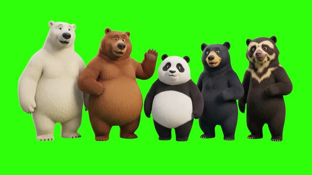 Animated 3D cartoon group of bears including brown bear, panda, polar bear, and black bear standing together isolated on a chroma key green screen background. Ideal for wildlife documentaries, zoo com