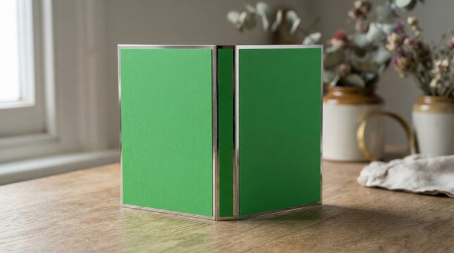 Modern green trifold frame displaying blank card templates stands upright on rustic wooden table in bright sunlit room interior.