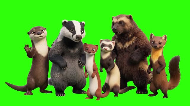 Animated 3D cartoon group of forest predators including badger, ferret, wolverine, and weasel standing isolated on a chroma key green screen background. Perfect for wildlife documentaries, nature prom