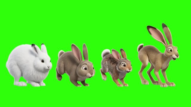 Animated 3D cartoon group of cute rabbits and hares hopping and running isolated on a chroma key green screen background. Ideal for nature documentaries, easter promos, wildlife channels, children edu