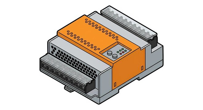 Industrial programmable logic controller PLC module isolated on white background. Automation control unit vector illustration