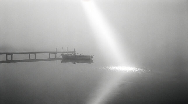 Landscape 003 Black and White Foggy Lake with Wooden Pier, Rowboat, and Strong Sunbeam（強い光の筋が差し込むモノクロの霧の湖と木製の桟橋と手漕ぎボート）