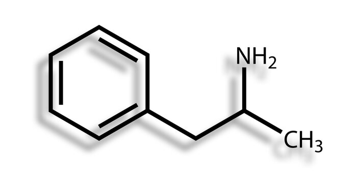Structural formula of amphetamine drawn on a white background