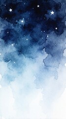 Fototapeta premium Abstract watercolor background with deep blue night sky, white stars. Soft gradient texture creates dreamy celestial atmosphere. Artistic wash effect shows cosmic space with twinkling stars on dark