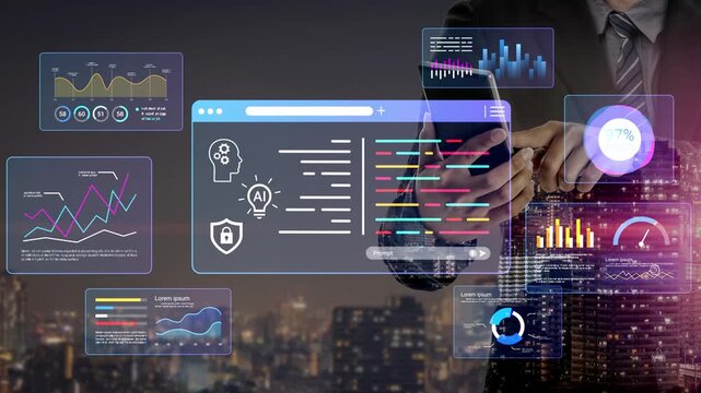 Businessman using digital analytics interface with graphs and charts for data analysis and futuristic technology in a vibrant city skyline at night Gluon.