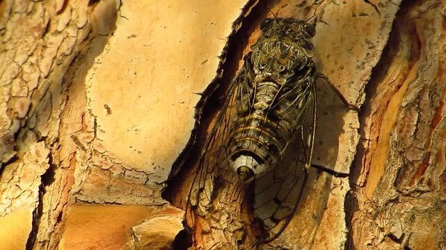 Cicada singing on a tree trunk