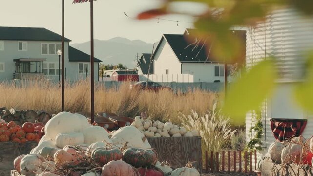 Camera moves right to left as blurred plants hide pumpkins, with distant background homes and traffic.