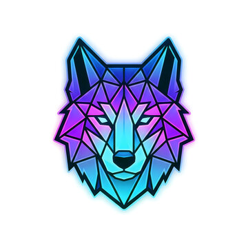 Low poly wolf head logo in blue and purple neon colors for gaming and branding identity.