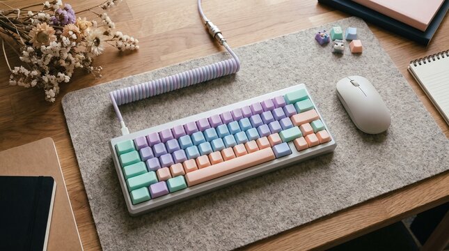 An artistic flat lay of a custom mechanical keyboard with blank pastel keycaps, a coiled cable, an unbranded wireless mouse, and a desk mat. High-end product photography, no logos.