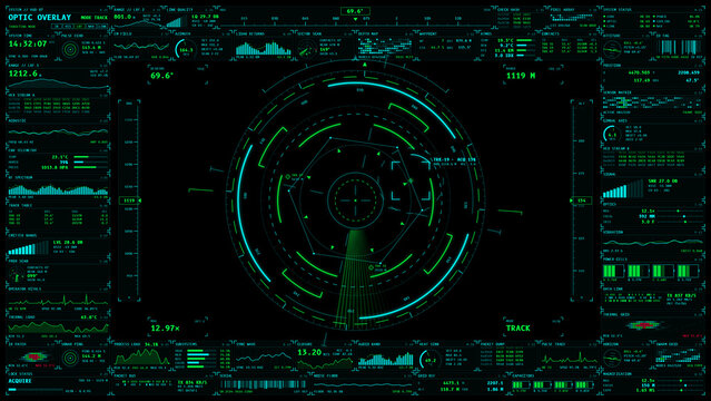 Futuristic HUD interface with radar telemetry and digital tracking