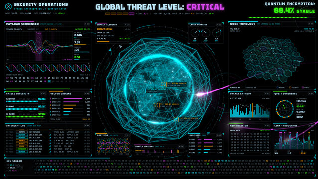 Cybersecurity operations dashboard monitoring global threat level and data stream